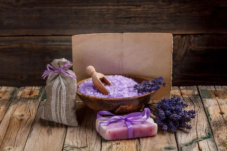 Lavender soap products on weathered wood